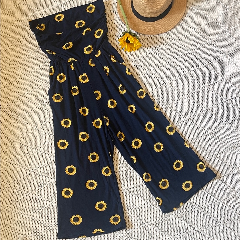 J for Justify Navy Blue Sunflower Strapless Wide Leg Jumpsuit Size M
